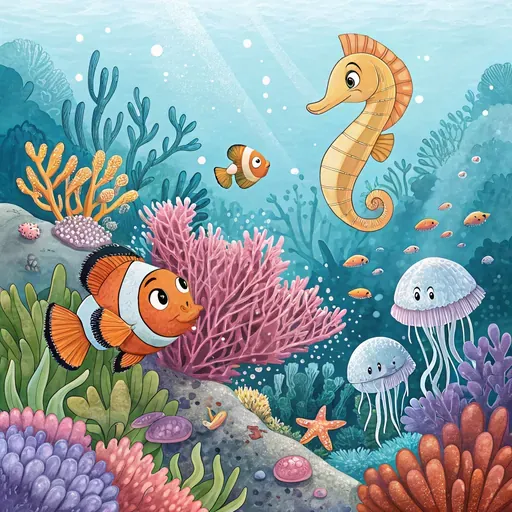 Korallenriff mit Clownfisch und Seepferdchen
