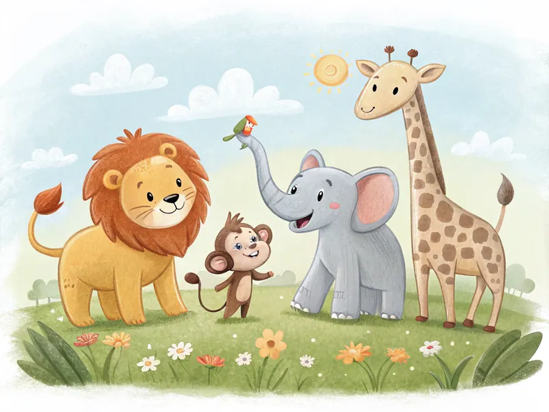 Safari-Tiere: L&ouml;we, Affe, Elefant, Giraffe