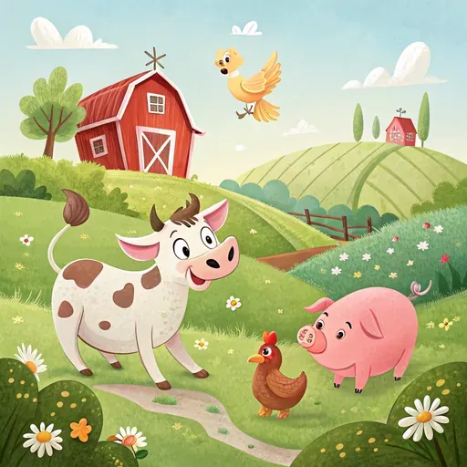 Bauernhof mit Kuh, Schwein und Huhn