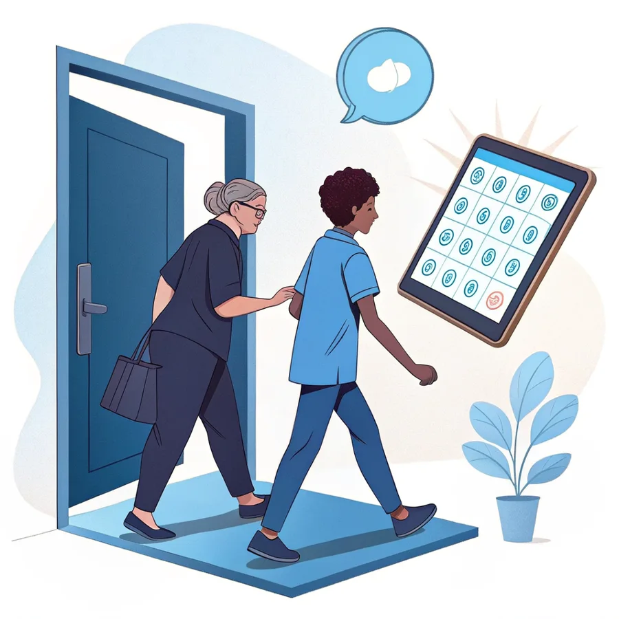 Illustration: Assistenz, ein barrierefreier Zugang und ein Kommunikationsger&auml;t &ndash; Ver&auml;nderungen in der Umwelt